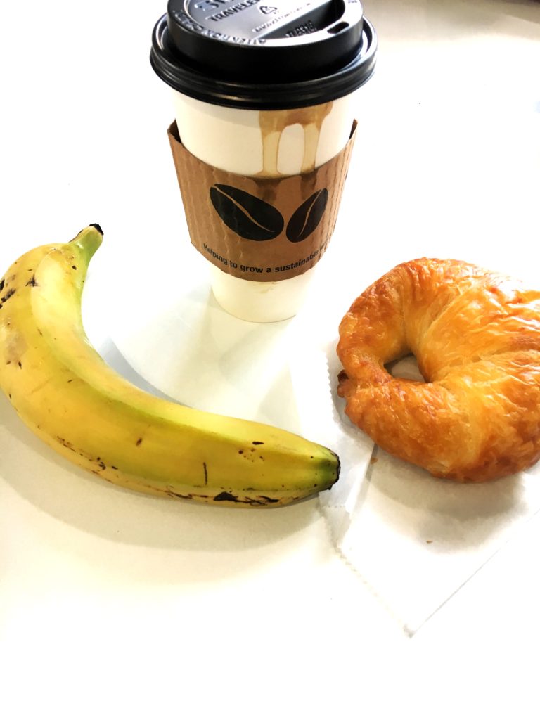 No Fear iIn Food! A delicious start to the day! Coconut milk latte, a freshly baked butter croissant, and banana. 